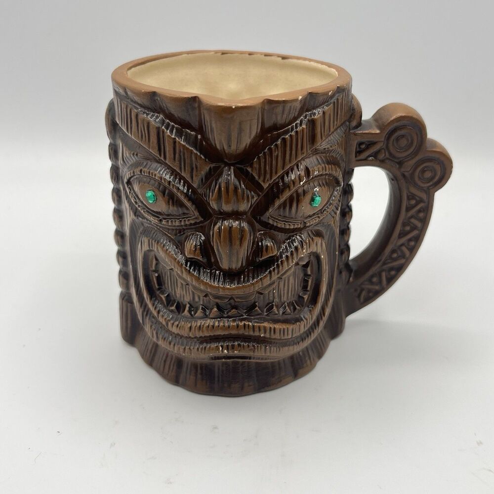 Vintage EFCCO Green Glass Eyes Quon Quon Tiki Mug Brown Ceramic Cup Hawaiian
